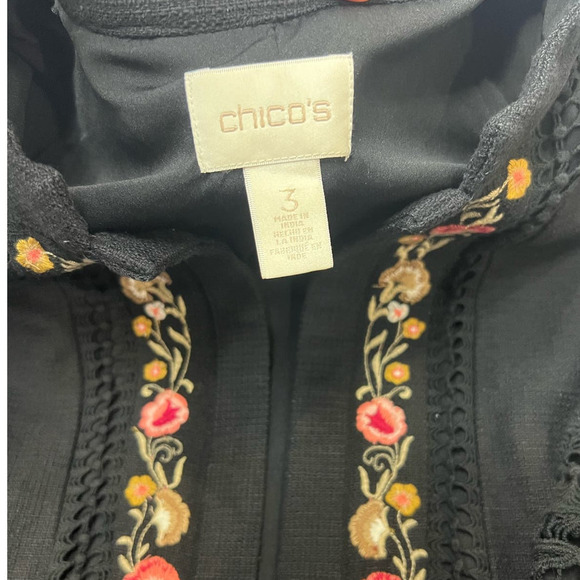 BOHO Chicos 3 Black Floral Embroidered Lace Beaded Eyelet Open Front Blazer XL - Picture 7 of 7